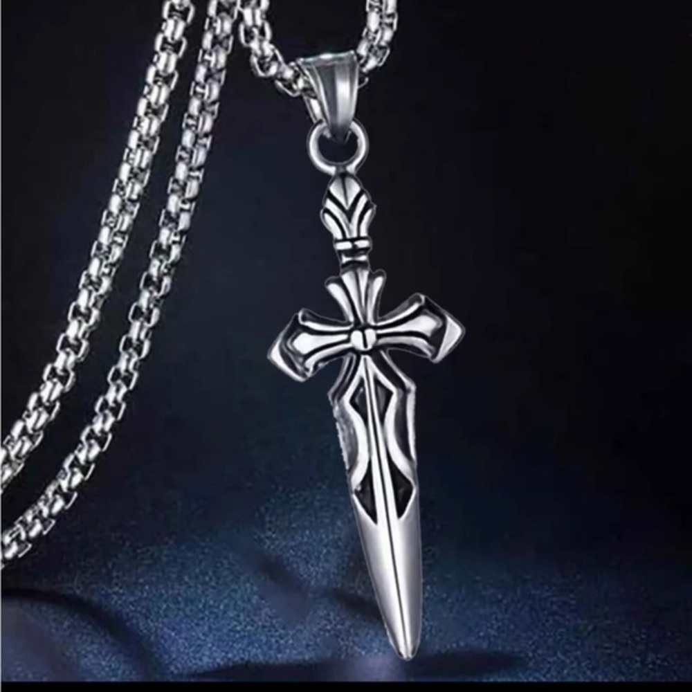 Mens Cross Sword Stainless Steel Necklace